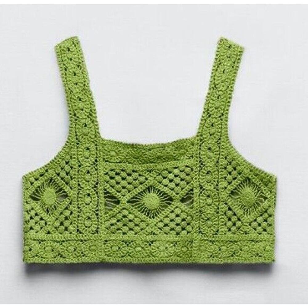 NWT Zara Cute Boho Lime Green Square Neck Boxy Crochet Crop Tank Top Small